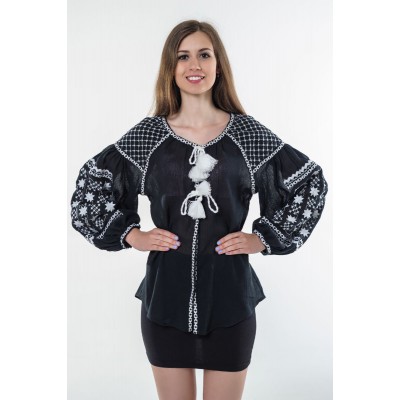 Boho Style Ukrainian Embroidered Folk  Blouse "Starry Sky" white on black